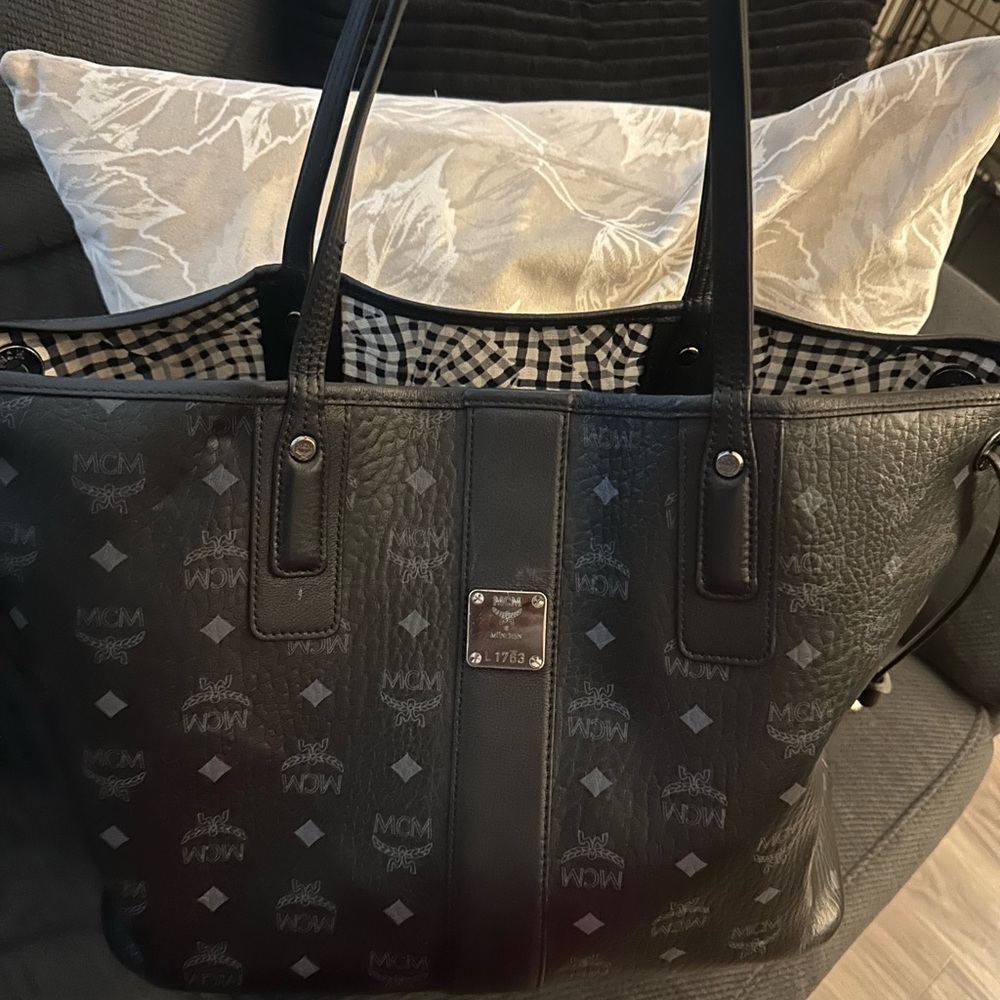 MCM Black Leather Tote with Checkered Interior
